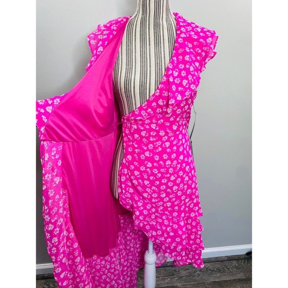 Lulu's Cornelia Pink Floral Ruffle Wrap Dress Women Sm Barbiecore Brunch Femme - Picture 6 of 12